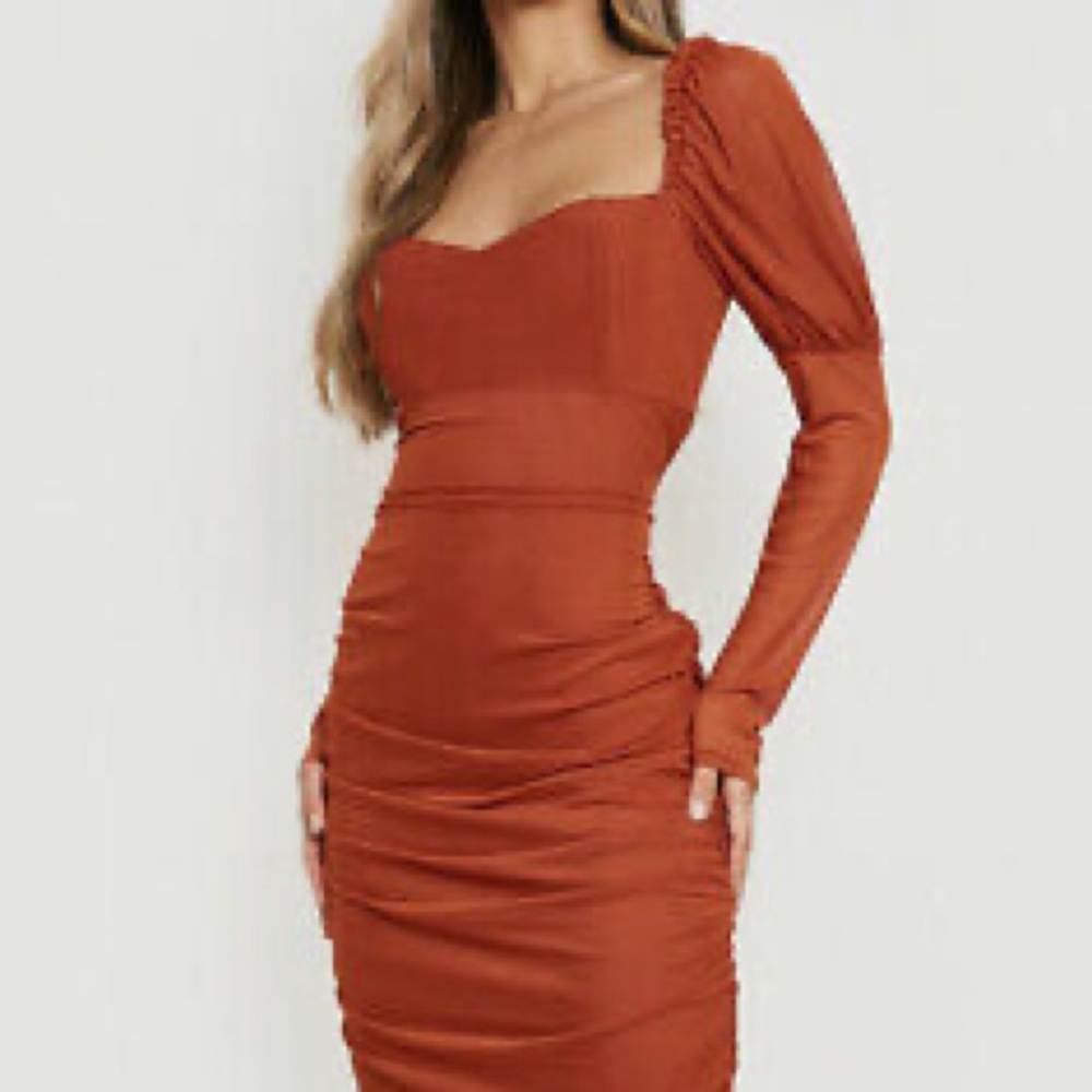 Boohoo Rust Orange Long Sleeve Dress